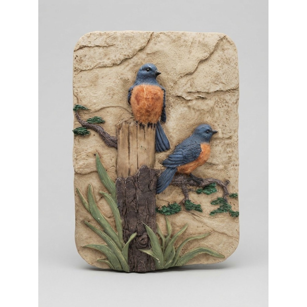 Bluebirds on Tree Stump 3D Relief Resin Wall Plaque Nature Art Decor 7"W x 10"H
